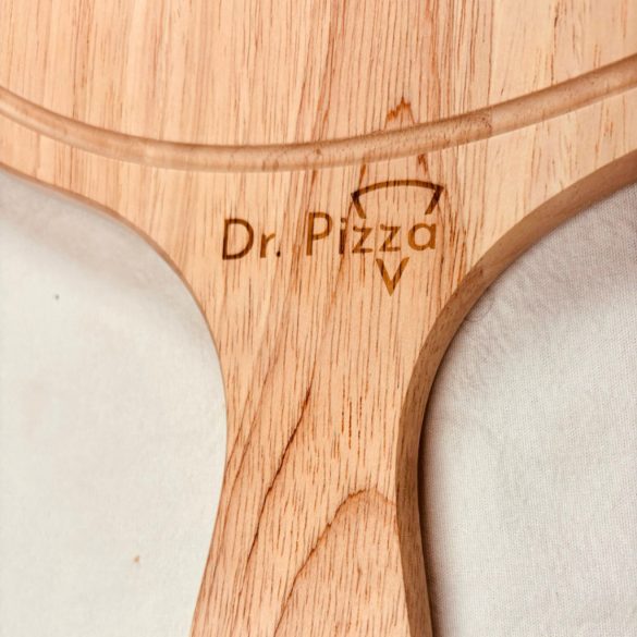 Dr. Pizza fa pizza tálalódeszka logó- és nyélrészlete