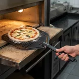 Perforált pizza vetőlapát használat közben pizzasütőnél